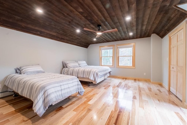 bedroom featuring ceiling fan, light hardwood / wood-style flooring, wooden ceiling, and lofted ceiling