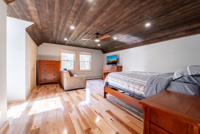 bedroom with wood ceiling, vaulted ceiling, ceiling fan, a baseboard heating unit, and light hardwood / wood-style floors