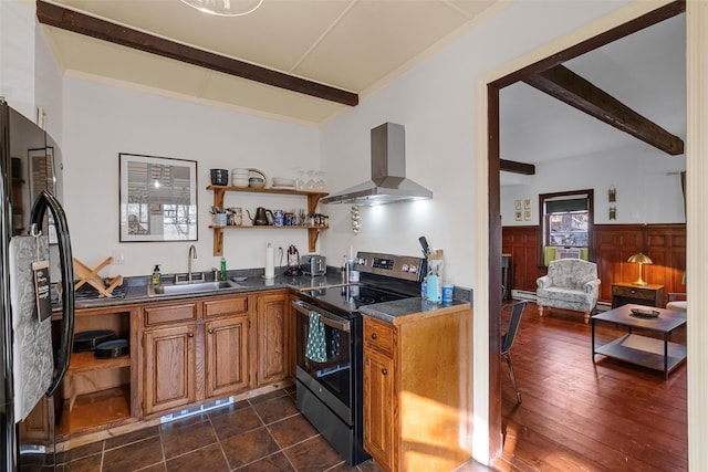 kitchen with a sink, range hood, stainless steel electric range oven, open shelves, and dark countertops