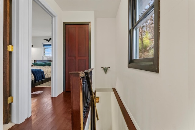 hallway with plenty of natural light, dark wood finished floors, an upstairs landing, and baseboards