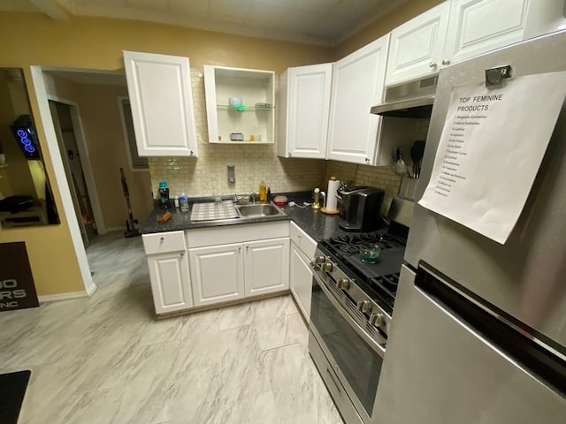 kitchen featuring tasteful backsplash, stainless steel appliances, extractor fan, sink, and white cabinetry