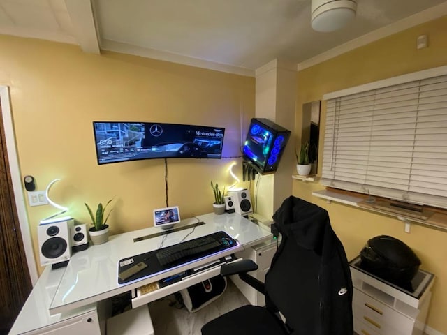 home office with ornamental molding