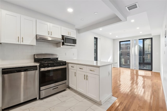 kitchen featuring white cabinetry, kitchen peninsula, decorative backsplash, and stainless steel appliances