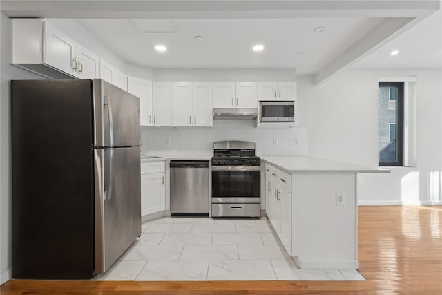 kitchen with white cabinets, backsplash, appliances with stainless steel finishes, and kitchen peninsula