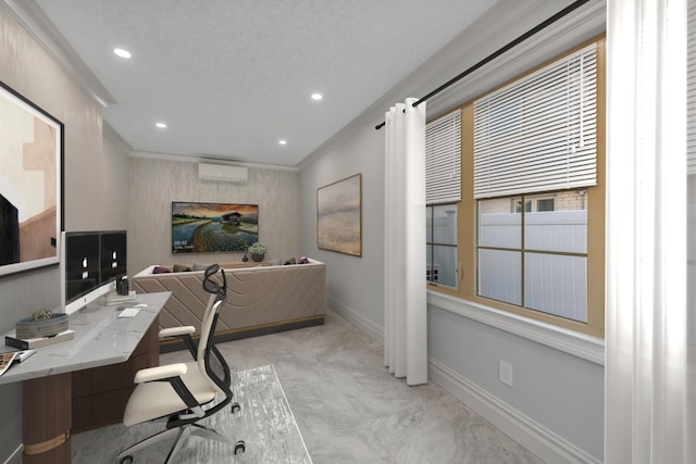 home office with a wall mounted air conditioner and crown molding