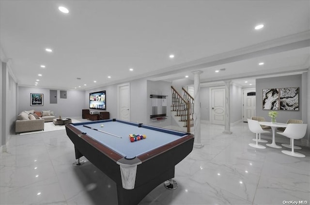 playroom with ornamental molding and billiards