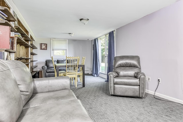 living room with a wealth of natural light, carpet floors, and a baseboard radiator