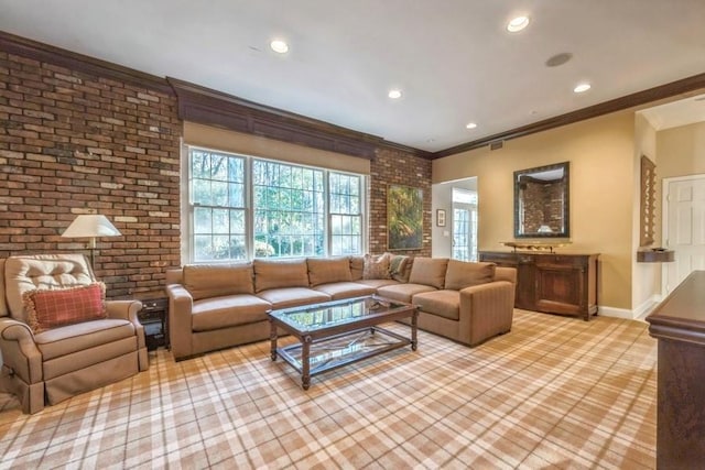 living room featuring light colored carpet, ornamental molding, and brick wall