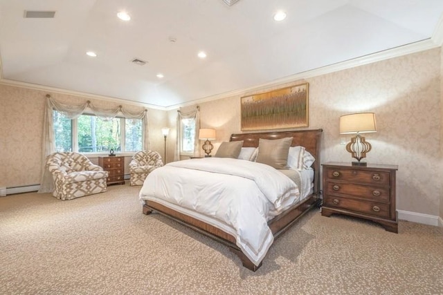 carpeted bedroom with ornamental molding