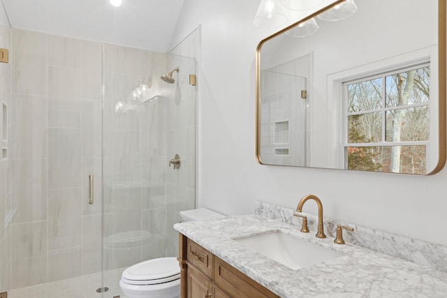 bathroom featuring lofted ceiling, vanity, toilet, and an enclosed shower