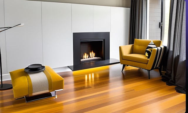 living area featuring a warm lit fireplace and wood finished floors