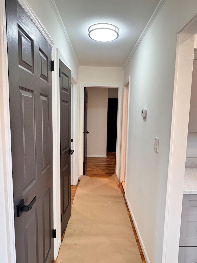 hall featuring light hardwood / wood-style floors and crown molding