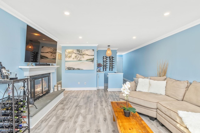 living room with crown molding and light hardwood / wood-style floors