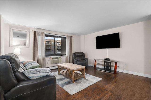 living room with a wall mounted air conditioner, dark hardwood / wood-style flooring, and a baseboard heating unit