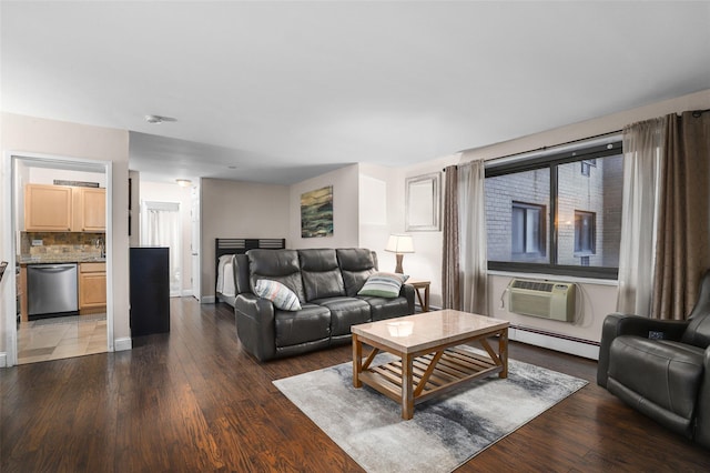 living room featuring hardwood / wood-style flooring, a wall mounted air conditioner, and a baseboard heating unit