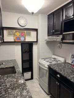 kitchen featuring dark stone countertops, sink, and stainless steel gas range