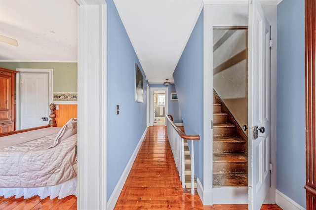 corridor featuring light wood-type flooring and ornamental molding