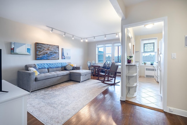 living room with radiator and hardwood / wood-style flooring