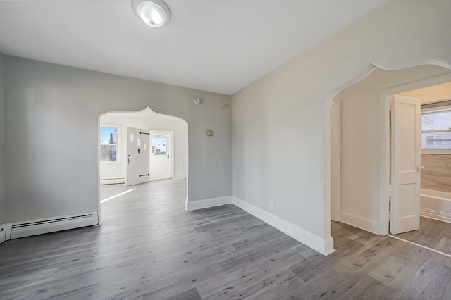 spare room with light hardwood / wood-style floors and a baseboard radiator