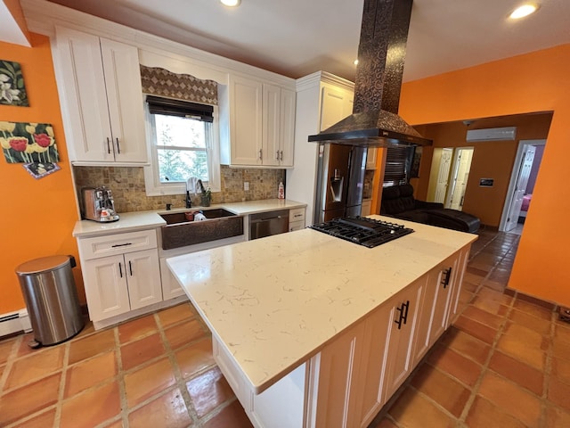 45 Lynbrook Ave, Lynbrook, NY 11563 - kitchen featuring island range hood, backsplash, white cabinetry, a center island, and recessed lighting