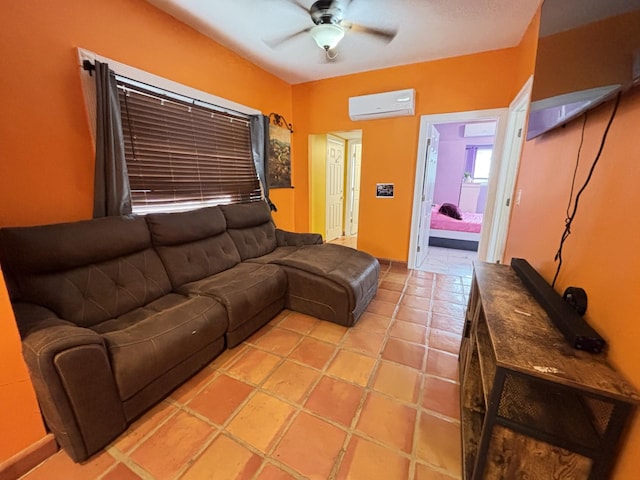 45 Lynbrook Ave, Lynbrook, NY 11563 - tiled living room featuring an AC wall unit and a ceiling fan