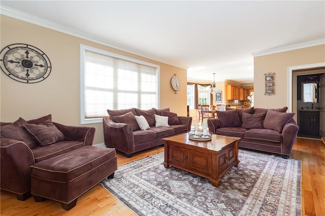 living room with wood-type flooring and crown molding