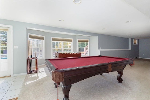 playroom featuring light colored carpet, a wealth of natural light, and billiards