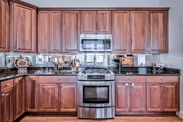 kitchen with dark stone countertops, light hardwood / wood-style flooring, and stainless steel appliances