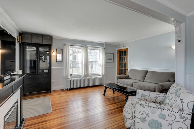 living room featuring light hardwood / wood-style floors, radiator, and ornamental molding