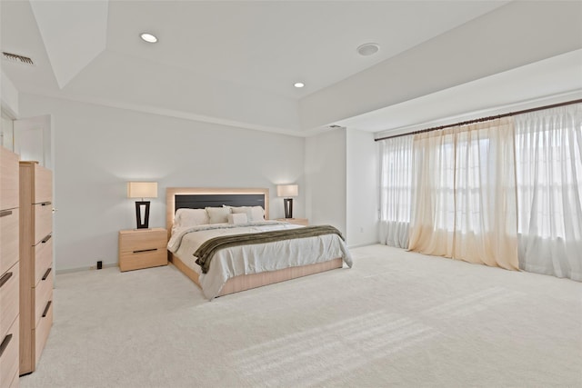 carpeted bedroom with a tray ceiling and multiple windows