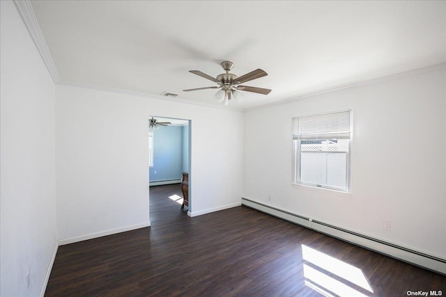 spare room with baseboard heating, ceiling fan, dark wood-type flooring, and ornamental molding