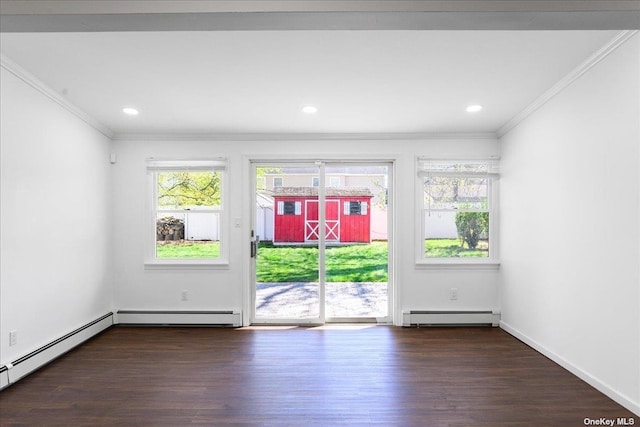 interior space with a baseboard radiator, dark hardwood / wood-style floors, and ornamental molding