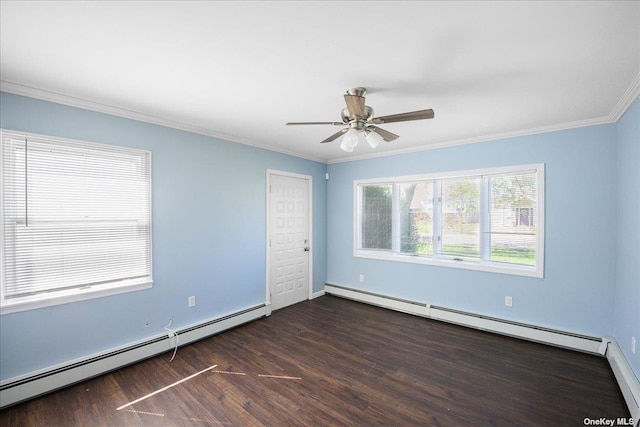 spare room featuring a baseboard radiator, dark hardwood / wood-style floors, and ornamental molding