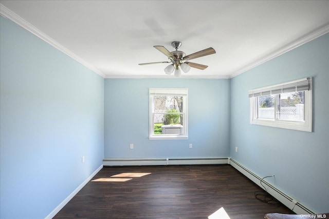 empty room with crown molding, baseboard heating, dark wood-type flooring, and ceiling fan