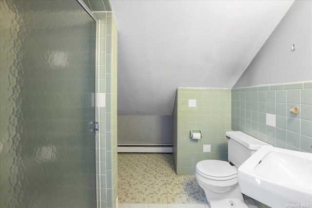 bathroom with sink, a baseboard radiator, lofted ceiling, toilet, and a shower with shower door