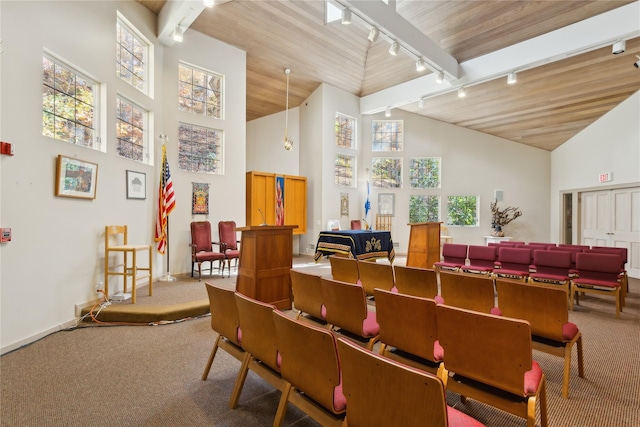 dining area featuring high vaulted ceiling, carpet flooring, rail lighting, and wooden ceiling