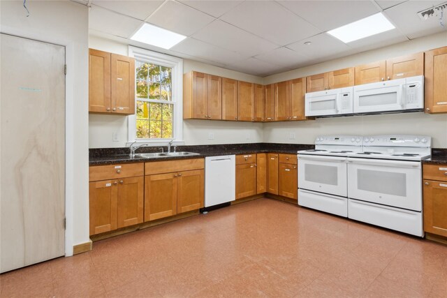 kitchen with sink, white appliances, and a drop ceiling