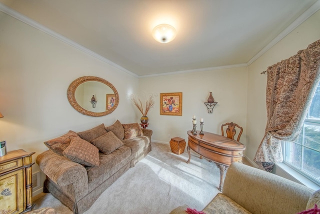 carpeted living room featuring crown molding