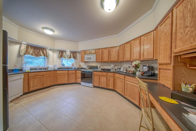 kitchen featuring white appliances, sink, light tile patterned floors, and ornamental molding