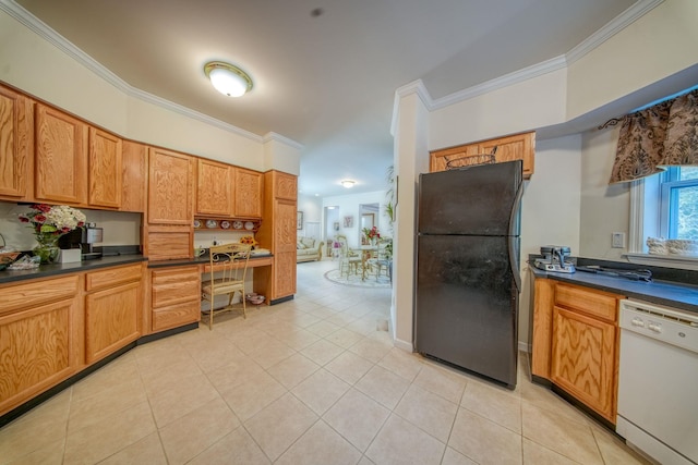 kitchen with white dishwasher, black fridge, light tile patterned floors, and ornamental molding