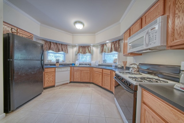 kitchen featuring crown molding, sink, light tile patterned floors, and white appliances