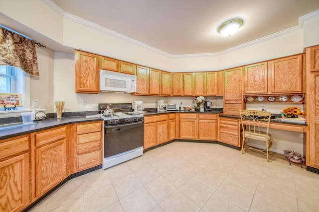 kitchen featuring white appliances and ornamental molding