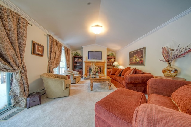 living room featuring carpet flooring, a brick fireplace, ornamental molding, vaulted ceiling, and a baseboard radiator