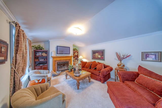 carpeted living room with a fireplace, lofted ceiling, and ornamental molding