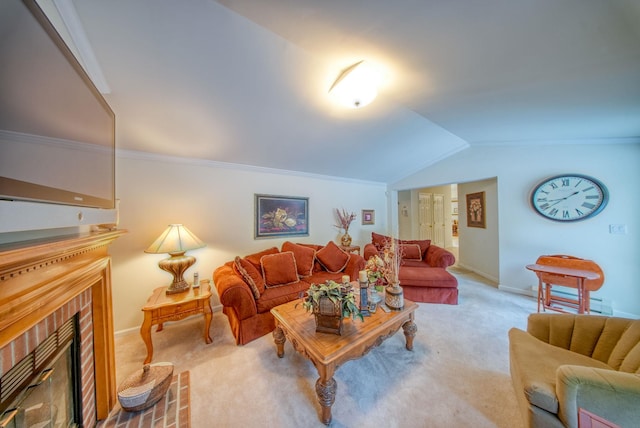 living room featuring crown molding, light colored carpet, vaulted ceiling, and a brick fireplace