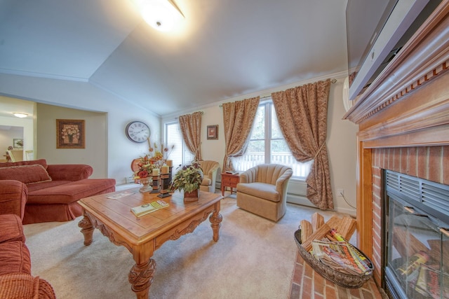 living room with light carpet, a fireplace, and lofted ceiling