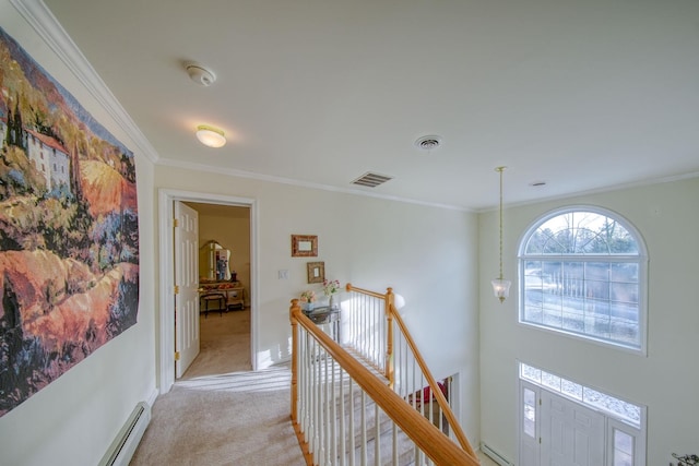 hallway featuring crown molding, light carpet, and a baseboard radiator