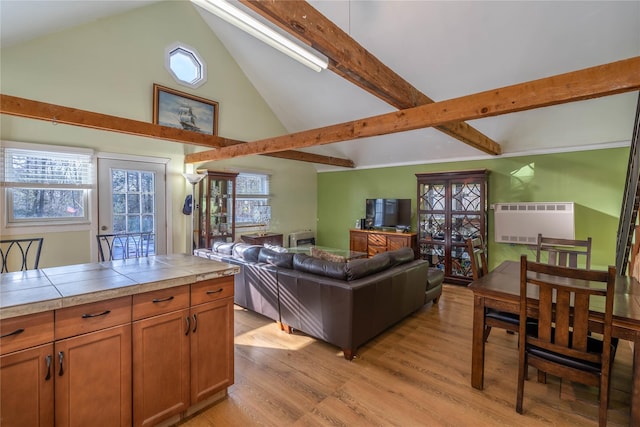 living room featuring heating unit, light hardwood / wood-style flooring, and high vaulted ceiling