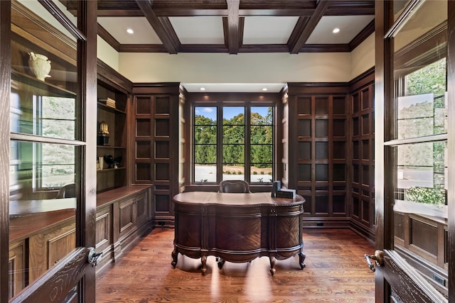 office featuring beamed ceiling, dark hardwood / wood-style floors, coffered ceiling, and wood walls