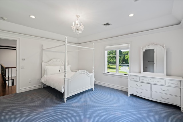 unfurnished bedroom with dark carpet and an inviting chandelier